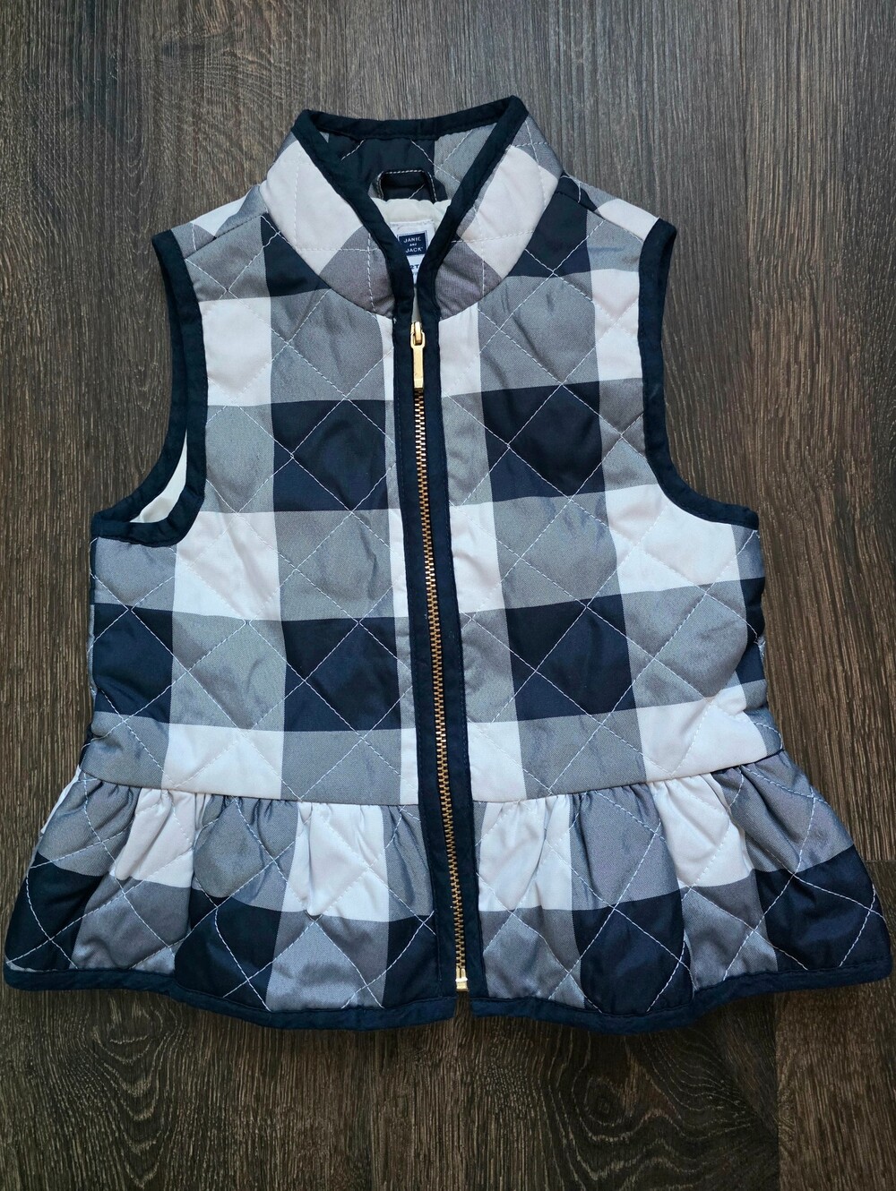 Janie & Jack navy and white buffalo plaid quilted peplum vest